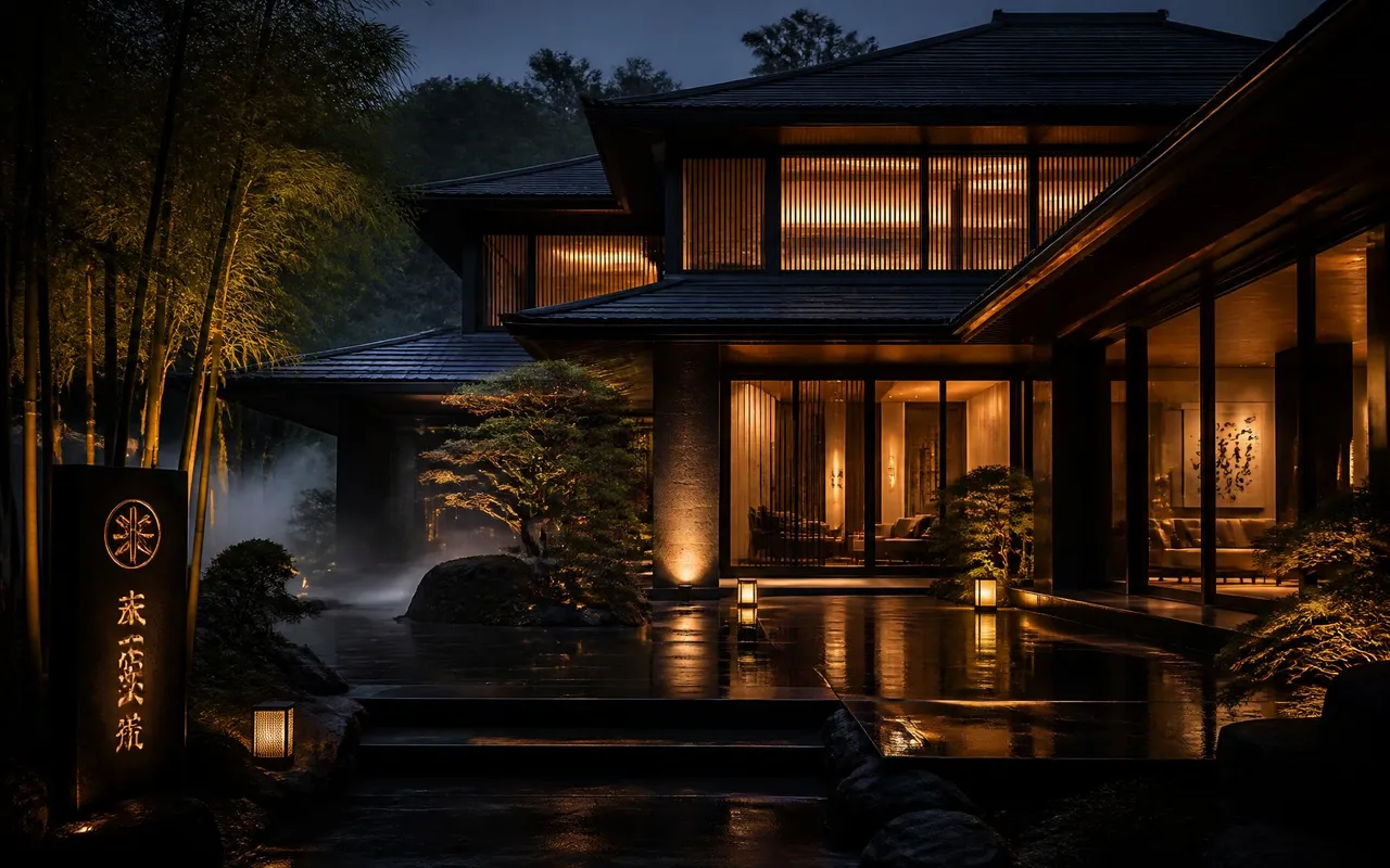 Luxury Japanese home at dusk